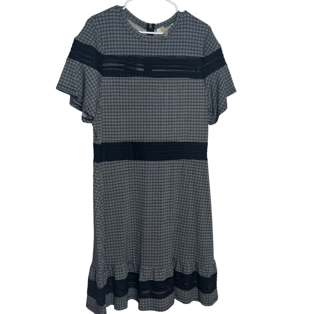 MICHAEL‎ KORS 1X Black White Houndstooth Lace Trim Ruffle Hem Dress